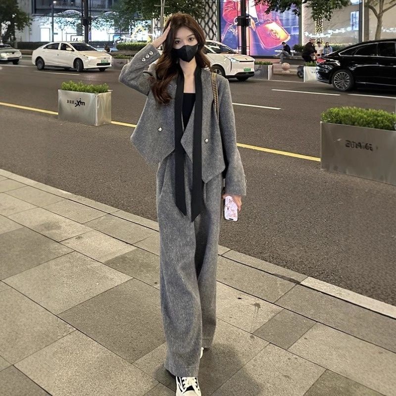 时尚飘带毛呢西装外套女秋休闲筒裤秋冬新款两件套套装韩版|undefined