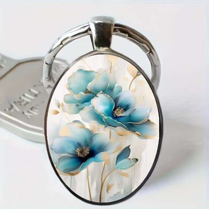 New Foreign Trade Product: Exquisite Blue Flower Pattern Round Glass Keychain Pendant, Fashionable Car Key Accessory