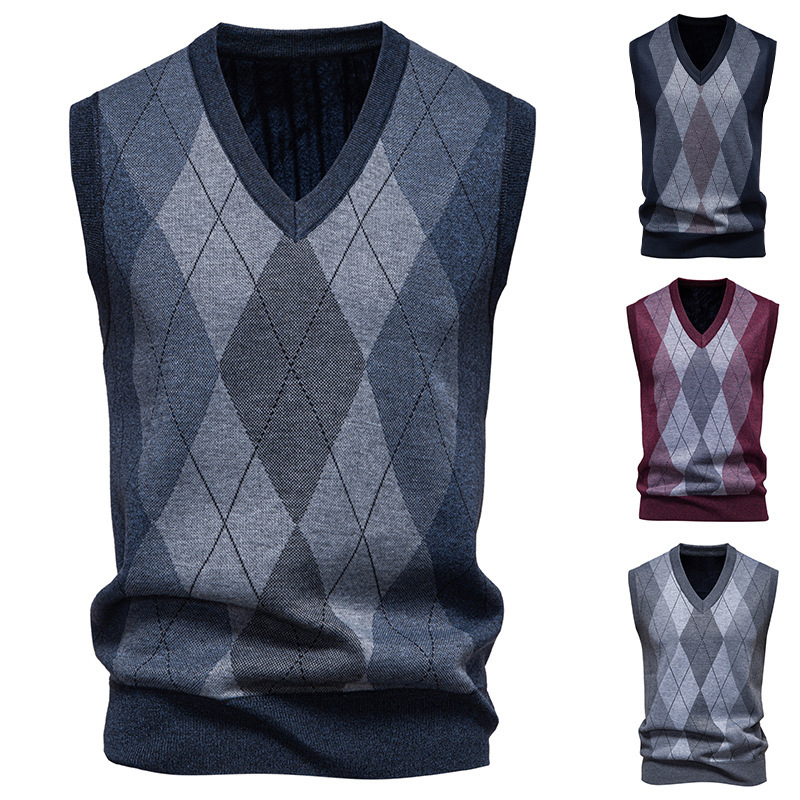 25 Autumn and Winter Export New Men's Casual Slim V Neck Pullover Sweater Men's Diamond Plaid Knitted Vest Jacket 25 Autumn and Winter Export New Men's Casual Slim V Neck Pullover Sweater Men's Diamond Plaid Knitted Vest Jacket