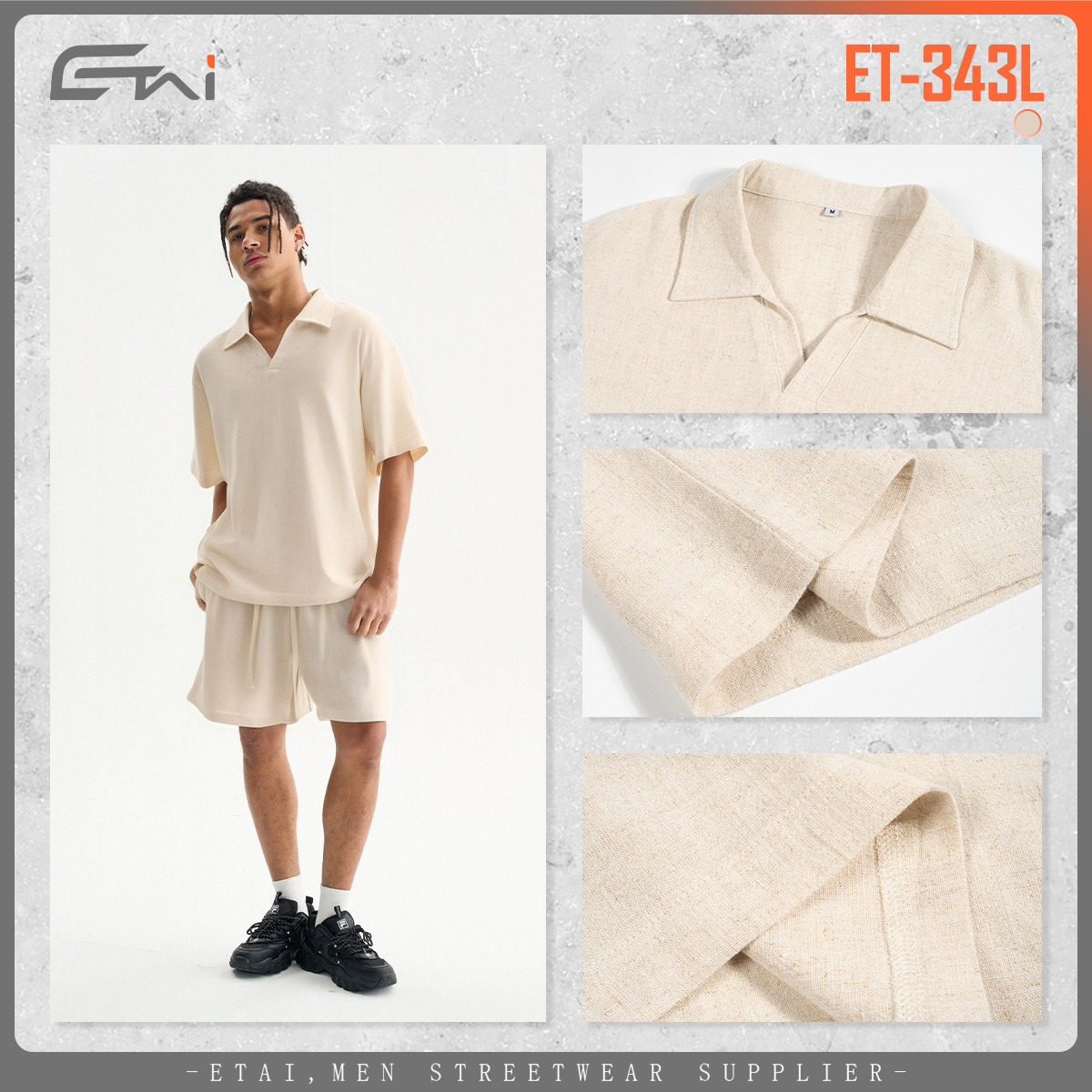 ETAI Hombre| Marca de marea transfronteriza polo con solapa suelta camiseta de lino y algodón de color sólido casual de cuello en V hombre mangas cortas image 3