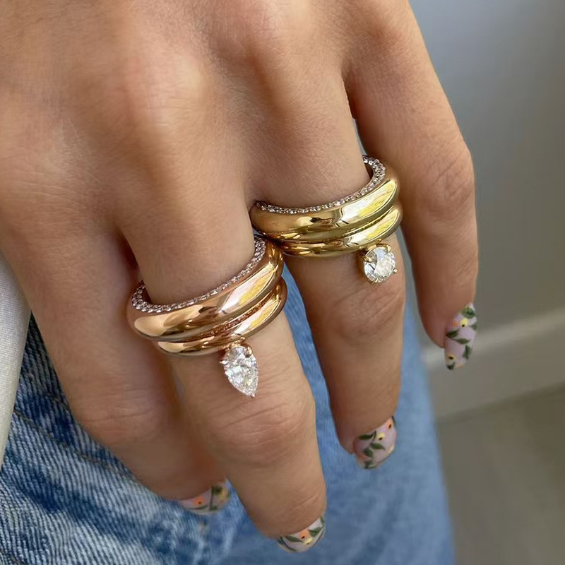 18K Gold Plated Plating Material Wholesale Jewelry IG Style Round Water Droplets Titanium Steel Zircon 18K Gold Plated Inlay Rings