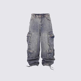 街头潮人新款时尚烟灰色拼接多口袋工装裤街头洗水做旧长款阔腿裤