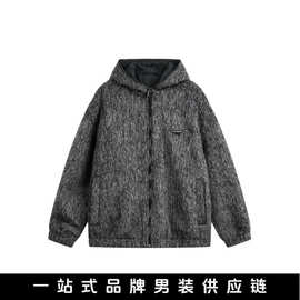 悟俗男装2025秋装新品复古质感马海毛拼皮料连帽夹克宽松廓形外套