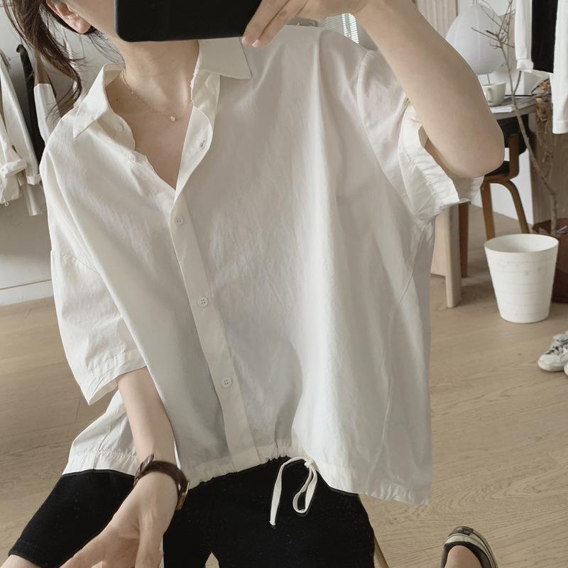 2022 Loose Large Size Shirt Summer New Simple Lace-up Slim-fit Bat Half Sleeve Front Short Back Long Top