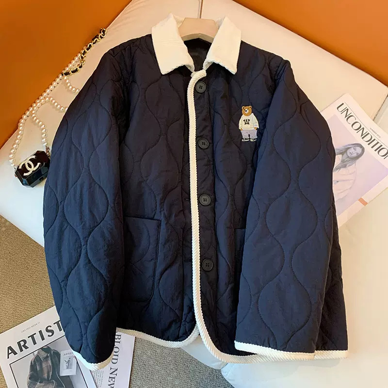 美式复古小熊刺绣撞色包边棉服加绒女冬时尚菱格宽松加厚翻领外套