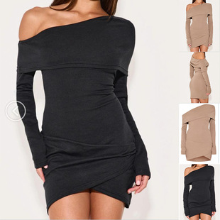 Cross-border strapless sweater European and American 2025 spring women's sexy slim solid color pullover slant collar long sleeve sweater