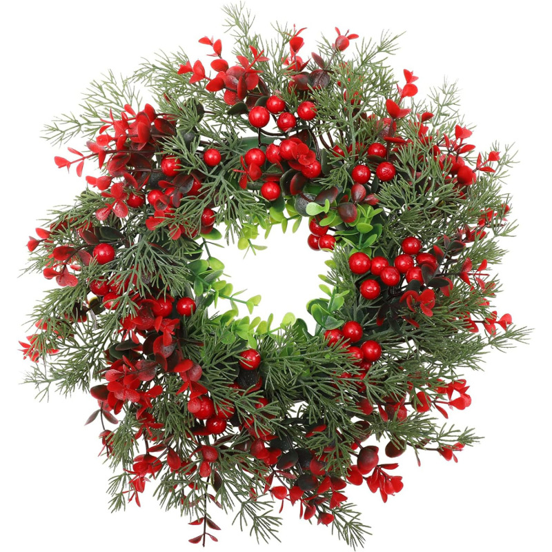 国境を越えたアメリカの赤い実クリスマス装飾花輪ユーカリ藤輪ユーカリの葉の扉にショーウインドーを掛けて冬青果を配置する|undefined