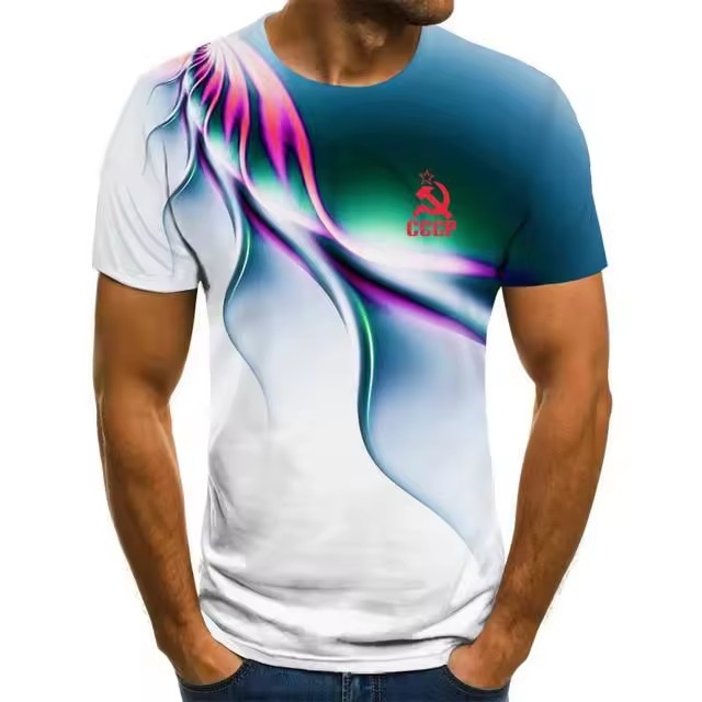 Colorido halo 3D impresión digital spot 2024 moda casual suelto cuello redondo manga corta transpirable camiseta para hombre
