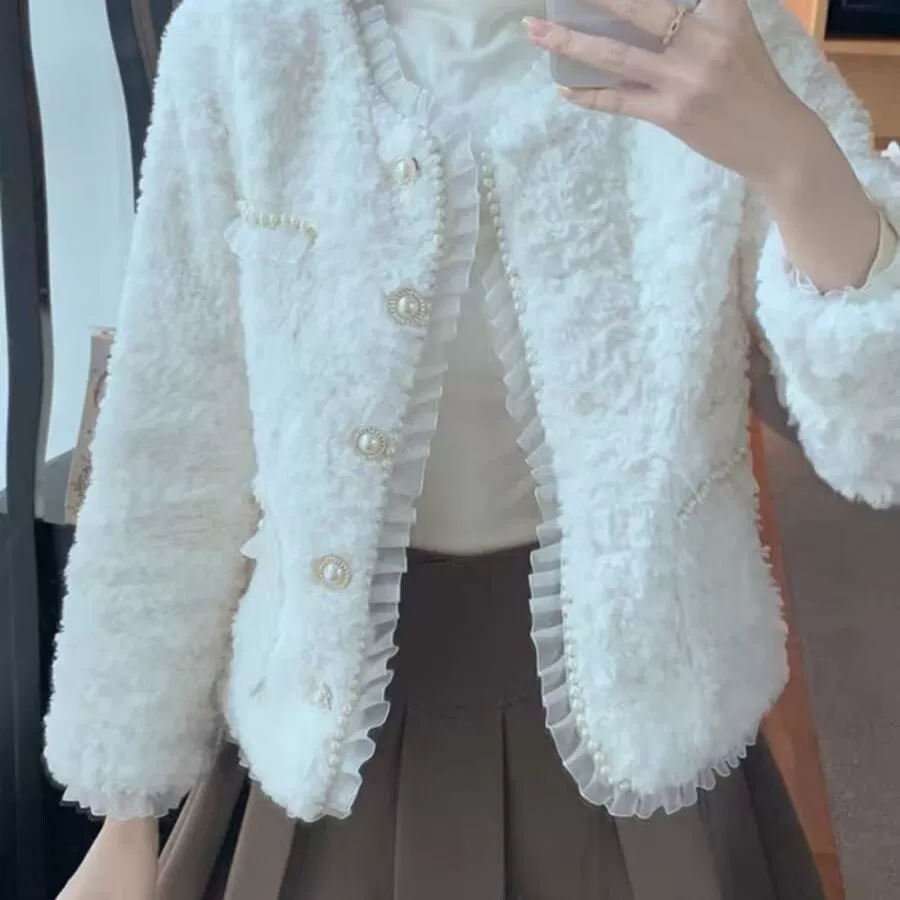 Короткий жакет с кружевом женский, в стиле Chanel, корейский, утеплённый, молочно‑белый
