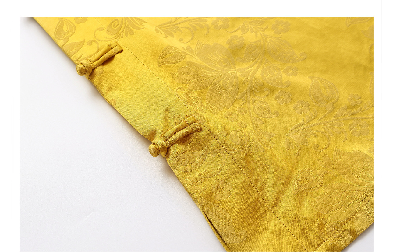 Bộ áo quần hai mảnh phong cách Trung Hoa mới cổ đứng jacquard mùa hè — Áo màu vàng, Quần dài màu vàng chi tiết 8