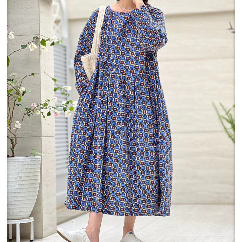 Japanese single flannel ring pattern printed organ pleat dress long sleeve loose soft cotton large skirt