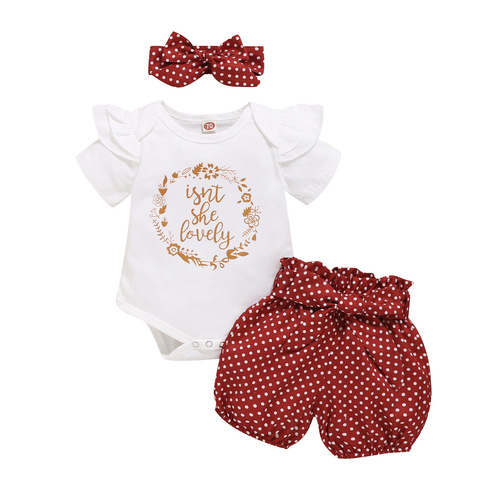 Girls' Summer Outfit European and American Style Popular Short-sleeved Letter Romper + Floral Polka Dot Shorts Three-piece Set