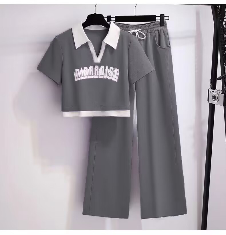 Casual Sports Suit For Women, Summer 2023 New Trendy Fashion Sweatshirt And Wide-leg Pants Two-piece Running Outfit_ecoleips.com