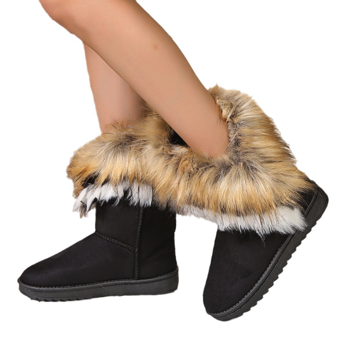 Liela izmēra sieviešu sniega zābaki ar platformu lieli pūkaini plīša silti un biezi_voghion.com