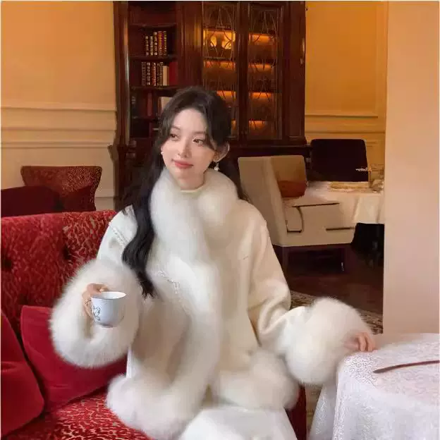 月影恋人2025秋冬毛呢外套双面羊绒羊毛女大衣新款狐狸毛领气质风