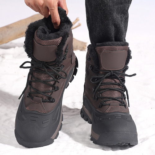 Winter European and American fashionable high-top hiking boots, men's outdoor leather waterproof cotton shoes, large size, high-quality snow boots