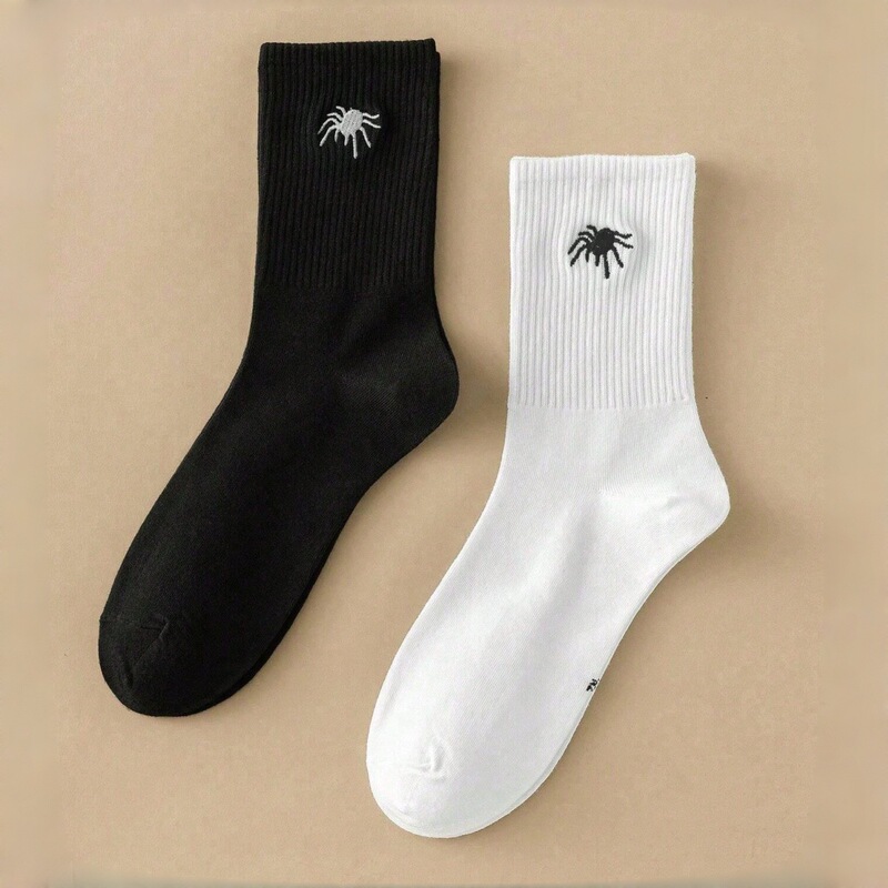 [Cross-Border Exclusive] Spider Black and White Socks for Men, All-Season Polyester Cotton Sweat-Absorbent Breathable Men's Mid-Calf Socks Zhuji Socks