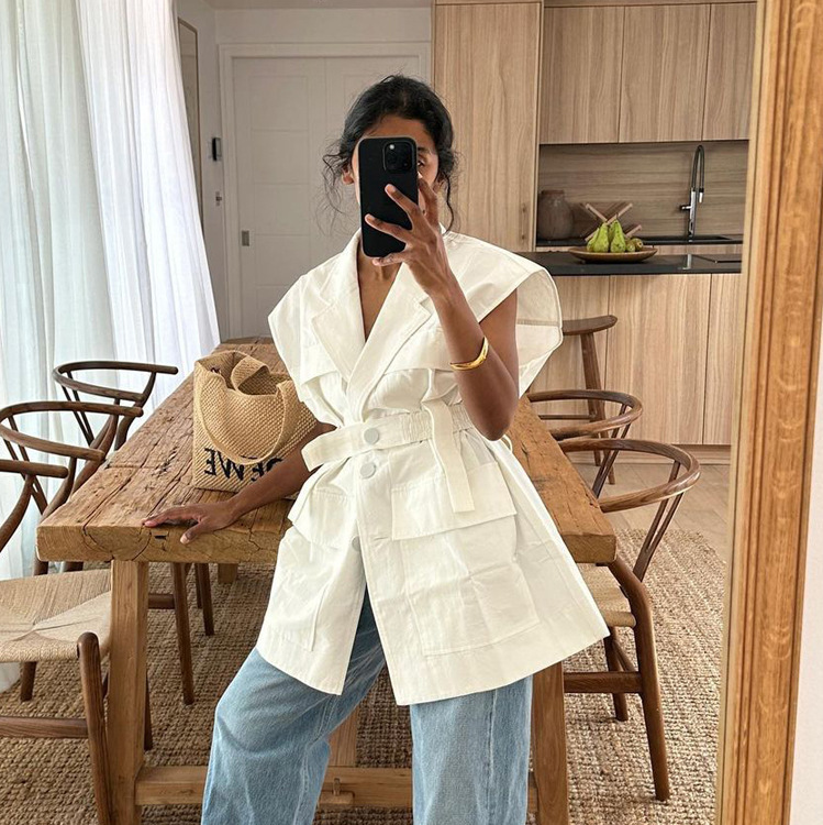 European and American Women's Fashion 2026 Summer Sleeveless Work Shirt Trendy Fashion Multi-Pocket Design with Belt Loose Top