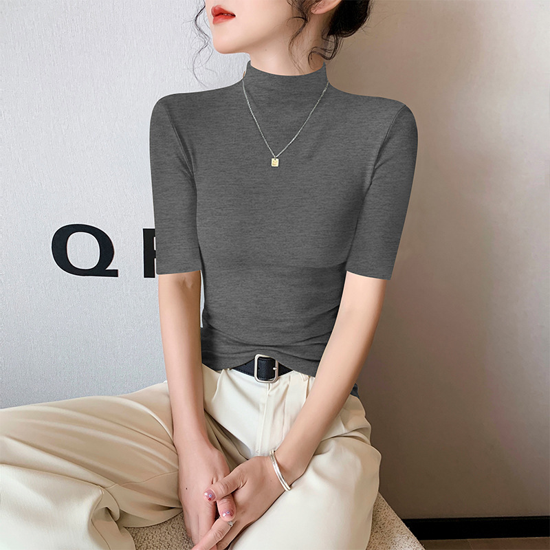 モーダルブラックハーフタートルネック半袖Tシャツ女性用2025春夏アイスシルクミッドカラー半袖ボトムシャツタイトトップ|undefined
