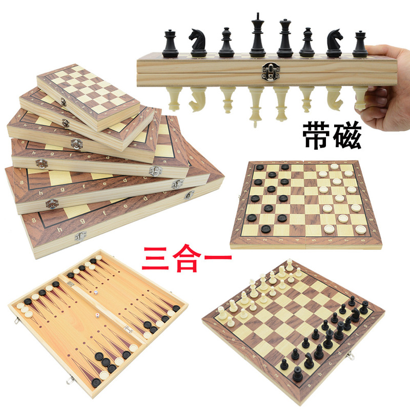 Three-In-One Wooden Magnetic Chess, Checkers, and Backgammon Foldable Board Game Toy with Magnetic Attraction