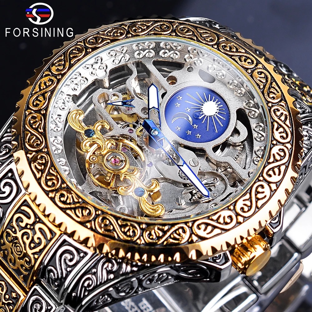 Fusini forsining estilo europeo y americano hombres moda hueco retro tallado reloj caso automático reloj mecánico