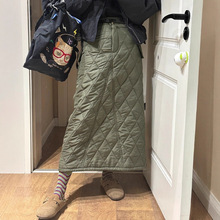 菱格夹棉半身裙女冬季加厚中长款直筒长裙军绿色工装包臀一步棉裙