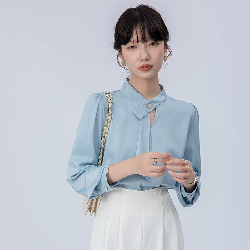 Реальный снимок с лентой атласная белая рубашка женская 2024 осень новый стиль премиум-класса Centertel профессиональный топ с длинными рукавами