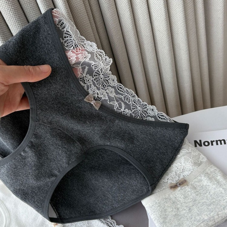 10A Antibacterial Light Lace Women's Mid-Waist Briefs Pure Lust Style Bow Breathable Cotton Underwear with Extended Crotch