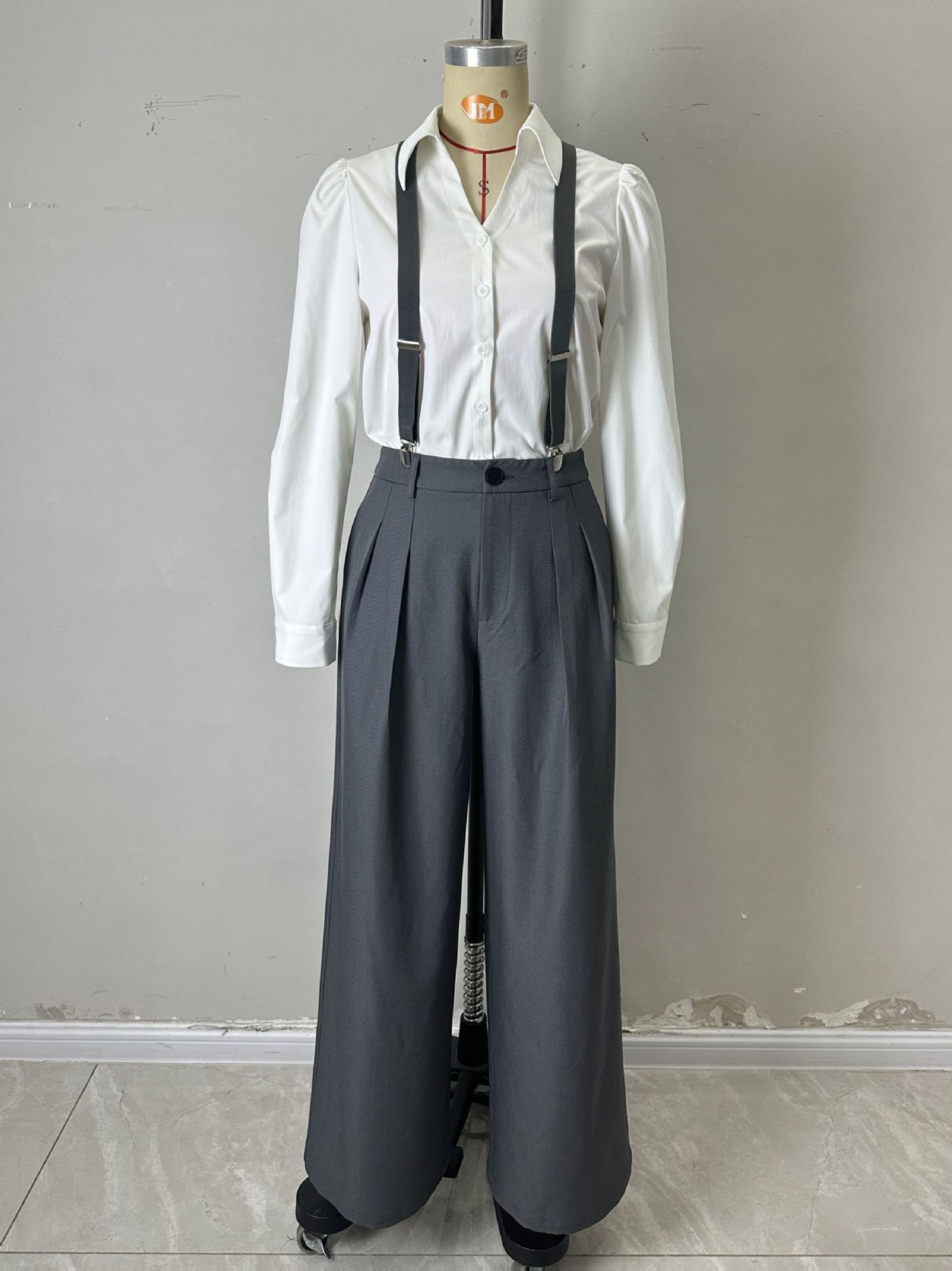 Artistic White Collared Long Sleeve Shirt Matching Gray Suspender Pants Two Piece Elegant Sets 9 Artistic White Collared Long Sleeve Shirt Matching Gray Suspender Pants Two Piece Elegant Sets