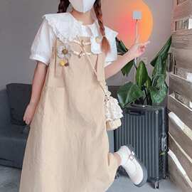 女童夏季连衣裙+短袖娃娃领衬衫套装女孩纯棉背带裙中大童两件套