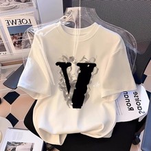 时尚宽松短袖中长款白色t恤女2025夏季新款纯棉字母设计感上衣潮