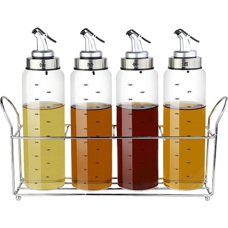 Engrasador de vidrio botella de aceite traje vinagre olla condimento caja condimento tarro hogar suministros de cocina con estante de almacenamiento
