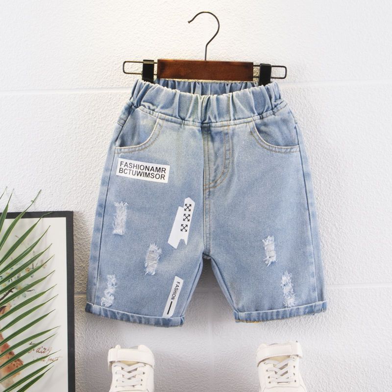 White printed denim shorts boys summer wear 2022 new children's medium pants summer medium and large children