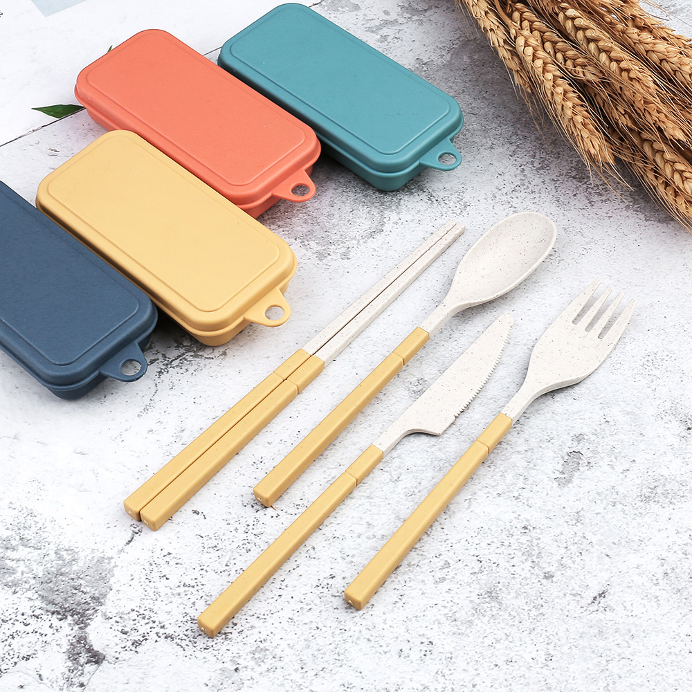 [Small wholesale]Wheat straw fold Carrying Case Knife and fork tableware Wheat chopsticks With Cutlery box