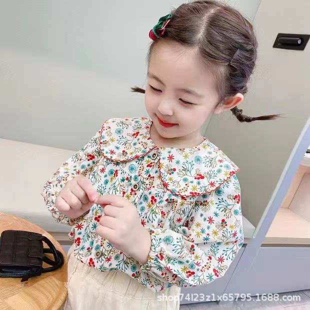 Niñas camisa 2024 primavera y otoño nuevo floral Top muñeca de moda coreana estilo occidental bebé niña princesa estilo vestir prendas exteriores