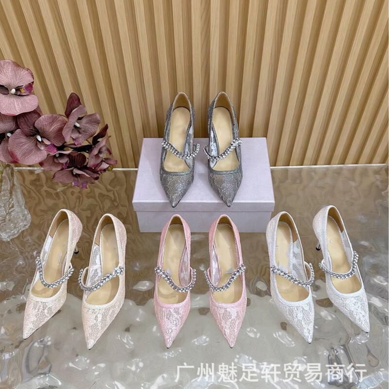 Diamond Lace Pointed-Toe High-Heeled Shoes 2025 Early Autumn New Style Pointed-Toe Shallow Mouth Single-Strap High Heels with Rhinestone Chain