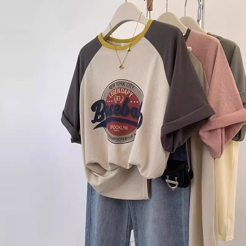 Plus-Size Women's Clothing 120kg American-Style Printed Color-Block Raglan Sleeve T-Shirt Summer Women's Niche Design Short-Sleeve Top
