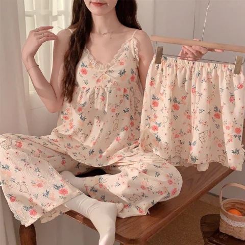 Ns Style Pajamas Women's Summer New Pajamas Rainbow Paradise Sling Three-piece Set with Chest Pad Woven Bubble Crepe Pajamas