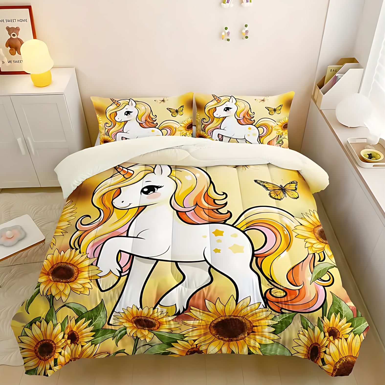 TEMU / JIT Unicornio de dibujos animados para niños impresión digital 3D 180gms colcha colchón conjunto de dibujos pueden hacer