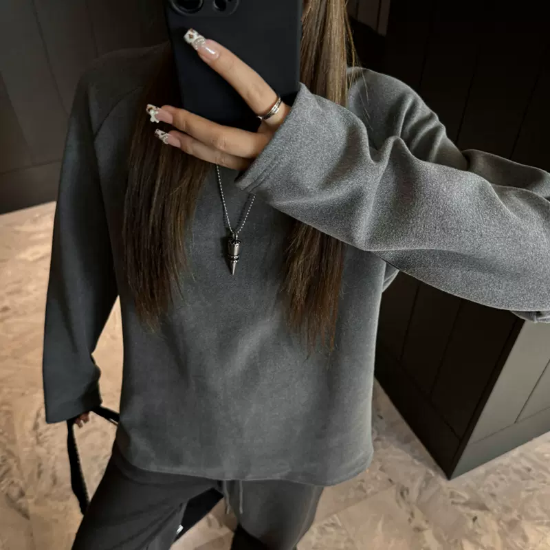 秋冬季德绒加厚圆领长袖t恤女士内搭落肩袖打底衫可外穿韩系上衣