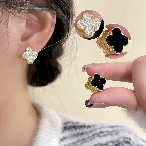 Exquisite and Unique Double-Sided Four-Leaf Clover Earrings for Women, 2025 New Popular Niche Design, High-End Minimalist Style Stud Earrings