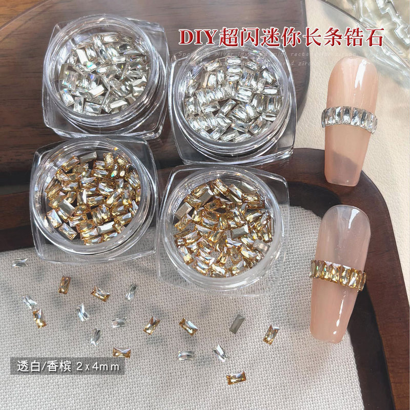 Long Strip Zircon Loose Diamond Nail Art Decorations, Dazzling White Champagne Flat-Back Nail Rhinestones DIY Material Kit Nail Accessories