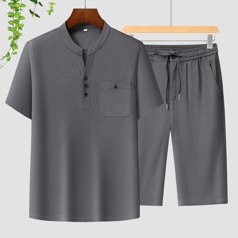 Marca de hombre algodón y lino conjunto de verano nuevo estilo frío lino de manga corta hombre ocio de mediana edad con pantalones rectos