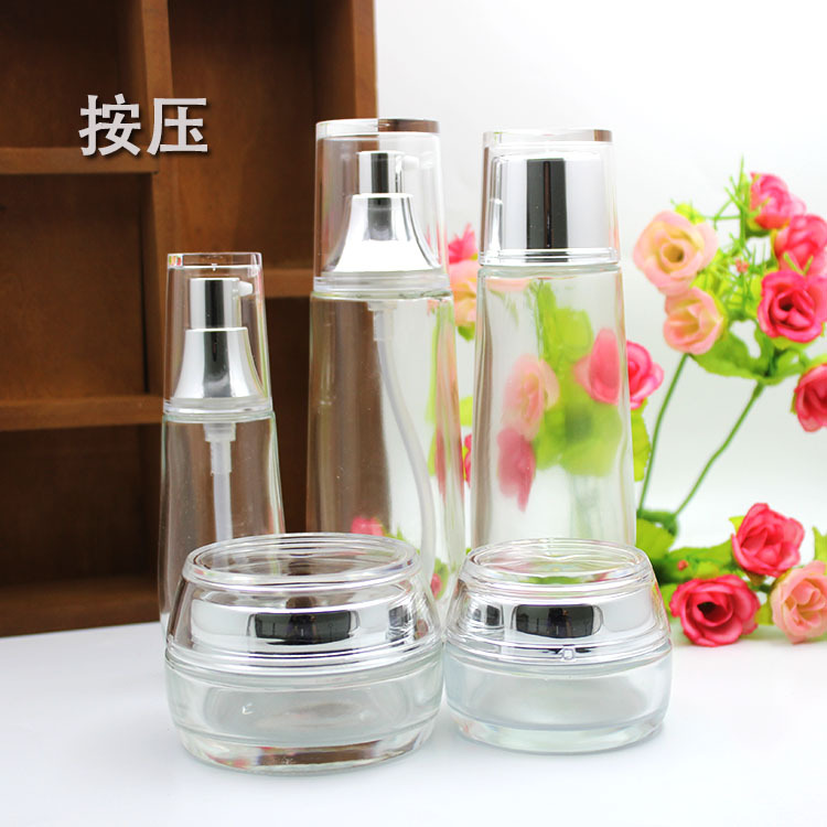 化妆品套装瓶护肤透明玻璃银盖按压喷雾分装膏霜精华液爽肤空瓶子