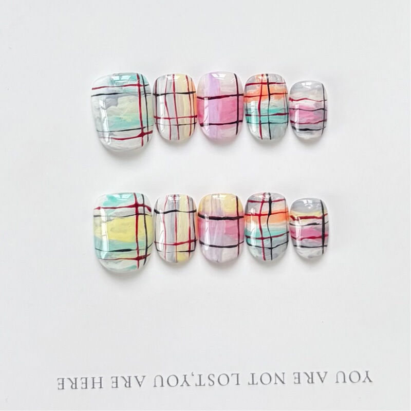 Purely Handmade Wearable Nails with a Niche Oil Painting Style, Irregular Plaid Design, High-End Feel, and Skin-Brightening Effect, Wholesale Finished Nail Art