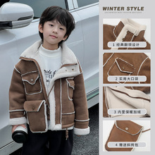 韩版儿童棉服加厚保暖翻领上衣带包包防风男童羊羔绒外套冬季男