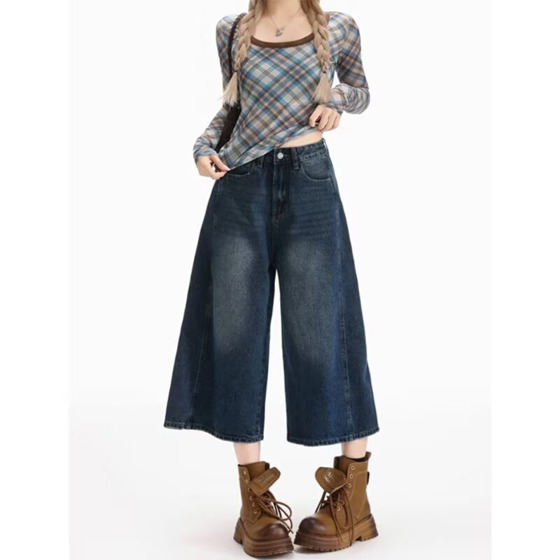 Vintage Deep Blue Loose Wide-Leg Denim Cropped Pants for Women, Trendy New American-Style High-Waisted Straight-Leg Pear-Shaped Capri Pants for Women
