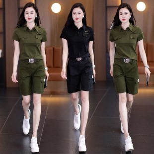 Summer New Camouflage Suit Lapel Short-Sleeved Tops, Mid-Length Pants, Outdoor Casual Age-Reducing Slimming Workwear