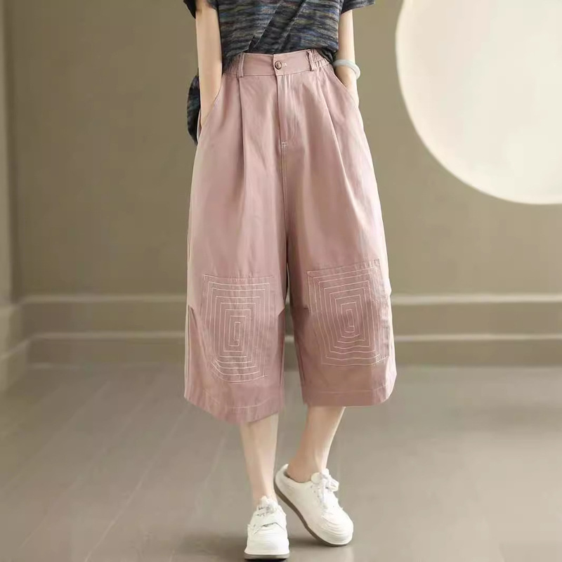 Guka Costume Summer New Artistic Solid Color Straight Cropped Casual Pants Women's Loose Waist Bright Line Design Wide Leg Pants