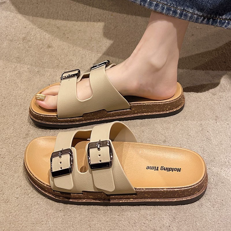 Тапочки Birkenstock для женщин, летняя верхняя одежда 2025 новый стиль, ленивые мягкая подошва, толстая подошва, плоские пляжные тапочки большого размера